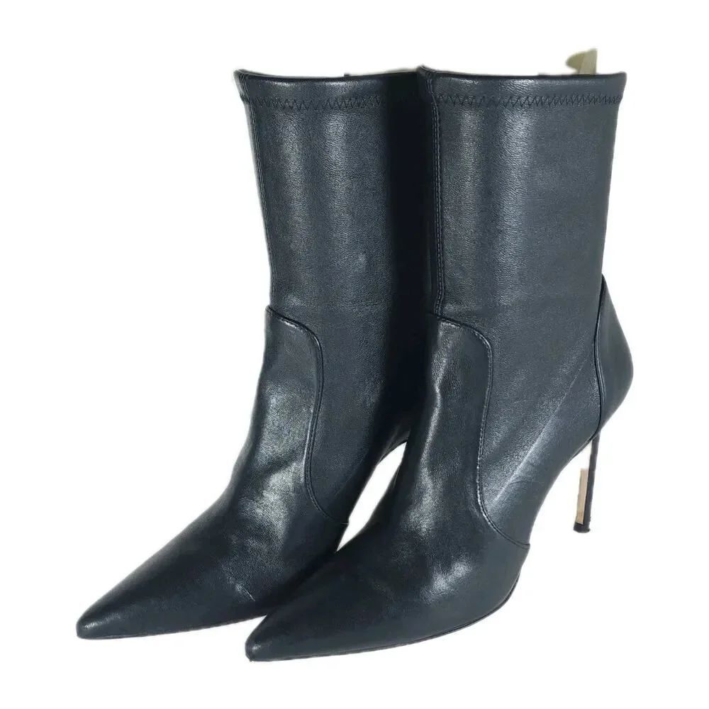 Stuart Weitzman Women's 100 Stretch US9B Black Leather Pointed Toe Pullon Bootie